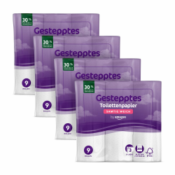by Amazon Toilettenpapier, 3-lagig Gestepptes, Samtig Weich, 36 Rollen (9 Rollen, 4-er Pack), 200 Blätter pro Rolle, FSC-Zertifiziert Angebot bei HelloDeals