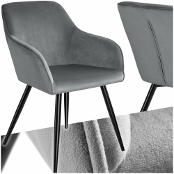 tectake® moderner Esszimmer Stuhl mit Armlehnen, Sitzfläche aus Samt, Armlehnstuhl, Sessel Wohnzimmer, gepolsterter Office Chair mit schwarzen Metallbeinen, Schminktisch Stuhl - grau/schwarz Angebot bei HelloDeals