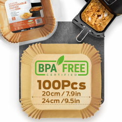 PORTENTUM Backpapier für Heißluftfritteuse 100 Stück BPA-frei, 20x20 cm, Airfryer Backpapier Antihaft Wasserdicht Ölfest Einwegschalen Luftfritteuse Pergamentpapier Liner für 4.7L - 7.3L2, Quadrat Angebot bei HelloDeals