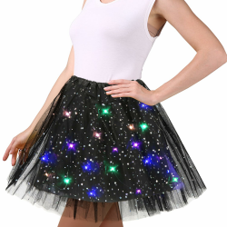 Tüllrock Damen, 45cm Sterne Pailletten Tanzkleid, Dehnbaren Minirock Mit LED Lichter, Erwachsene Tütü Rock Ballettrock für Fasching Halloween Karneval Party, Ballett Tanzen Dress für Teenager Schwarz Angebot bei HelloDeals