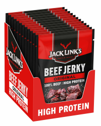 Jack Links Beef Jerky Original – 12er Pack (12 x 25g) – Trockenfleisch Eiweiß Snacks - High Protein Snack für Gym, Fitness, Outdoor - American Food für Menschen - Dörrfleisch Chips aus Rind Fleisch Angebot bei HelloDeals