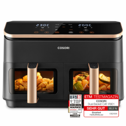 Cosori Heißluftfritteuse 2 Kammern Airfryer, 6-in-1 Dual Zone Air Fryer XXL 8,5 L, Heissluftfritteuse Doppelkammer mit Sichtfenster für vollständige Mahlzeit, 50 Rezepte, energiesparend, Gold Angebot bei HelloDeals