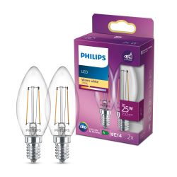 Philips LED Classic E14 Lampe, 25 W, Kerzenform, klar, warmweiß, Doppelpack Angebot bei HelloDeals