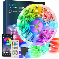 Bonve Pet LED Strip 5M,RGB LED Streifen,Bluetooth LED Streifen Selbstklebend,LED Streifen mit Fernbedienung und APP Musiksync Farbwechsel Band Lichter für die Schlafzimmer, Küche, Decke, Party Angebot bei HelloDeals