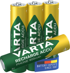 VARTA Batterien AAA, wiederaufladbar, 4 Stück, Recharge Accu Phone, Akku, 800 mAh Ni-MH, sofort einsatzbereit, geeignet für schnurlose Telefone Angebot bei HelloDeals