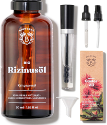 Bionoble Rizinusöl Bio 50ml - 100% Rein, Natürlich, Kaltgepresst - Wimpern, Augenbrauen, Haare, Nägel - Vegan, Cruelty Free - Castor Oil - Glasflasche + Pipette + Pumpe + Mascara Kit Angebot bei HelloDeals