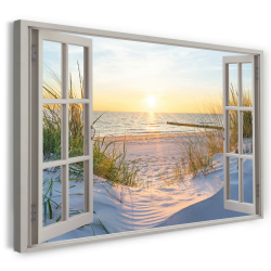 Printistico Bilder Fensterblick 120x80cm Baumwoll-Leinwand auf Keilrahmen mit Aufhänger moderner Kunstdruck XXL Wandbilder Wand-Dekoration Strand Meer Sand Sonnenuntergang Urlaub - Natur-Fotografie Angebot bei HelloDeals