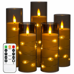 Da by LED Kerzen mit Eingelassener Lichterkette，Batteriebetriebene Kerzen mit Fernbedienung und 24 Stunde Timer，Flackernde Led Kerzen Für Weihnachtsdekoration Heimdekoration(Grau, 5er-Set) Angebot bei HelloDeals