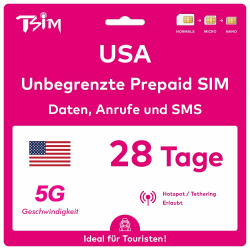TSIM USA SIM-Karte 28 Tage | Unbegrenztes Datenvolumen, Anrufe & SMS | Prepaid USA SIM | Nutzt das T-Mobile-Netzwerk | Nummer vor der Reise erhalten | Hotspot-Sharing erlaubt | 5G SIM Karte! 28 Day Angebot bei HelloDeals