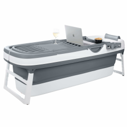 HelloBath® Faltbare Badewanne für Erwachsene XXL, 157x60x48cm – Mit Badekissen, Aufbewahrungshülle, Badelampe und Massagerollen – Erwachsene Mobile Badewanne | Badewanne für Dusche & Outdoor (Grau) Angebot bei HelloDeals