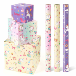 WERNNSAI Einhorn Geschenkpapierrollen–3 Rollen 43 x 305 cm Einhorn Geburtstags Geschenkpapierrollen Rosa Einhorn Regenbogen Geschenkpapier Mädchen Lila Geschenkpapierrollen mit Schnittlinie Angebot bei HelloDeals