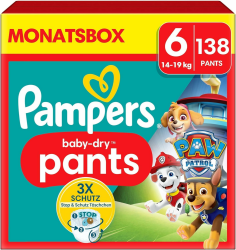 Pampers Windeln Paw Patrol Pants Größe 6 (14-19kg) Baby-Dry, Extra Large mit Stop- und Schutz Täschchen, MONATSBOX, 138 Höschenwindeln Angebot bei HelloDeals