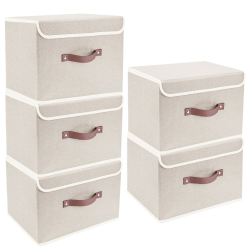 TYEERS Faltbare Aufbewahrungsbox mit Deckel, Stoff, Waschbare, Kisten Aufbewahrung mit Deckel, 38x25x25 cm, 5-Stück, Beige Angebot bei HelloDeals