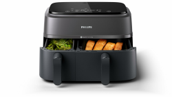 Philips Airfryer Dual Basket 3000 Series, 9L, 2 Körbe, 2 Gerichte gleichzeitig fertig, RapidAir Plus Heißlufttechnologie, 90% weniger Fett, Energieeffizient, HomeID Rezepte-App (NA350/00) Angebot bei HelloDeals