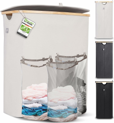 Hennez Wäschebox 150L - Wäschekorb 3 Fächer - Deckel - Wäschesortierer mit Wäschesack - Laundry Baskets - beige Bambus - Wäschetonne - Wäsche Sortiersystem - Wäschesammler Angebot bei HelloDeals