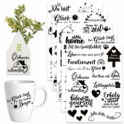 Rub On Sticker - 5 Bogen Sprüche HAPPY HOME - Rub On Folie Transferaufkleber zum Basteln und Dekorieren für Raysin Keraflott Möbel Glas Holz Angebot bei HelloDeals