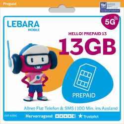 LEBARA Prepaid SIM-Karte mit Hello! 13 Prepaid Tarif ohne Vertrag | Allnet Flat Telefonie & SMS, 13 GB Datenvolumen inkl. 5G und 100 Frei-Min. ins Ausland Angebot bei HelloDeals