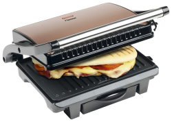 Bestron elektrischer Kontaktgrill mit Auffangschale, Sandwichmaker mit Cool-Touch-Handgriff & Antihaftbeschichtung, Paninimaker mit 1000 Watt, ASW113CO, Farbe: Kupfer, Ø 28,5 cm Angebot bei HelloDeals