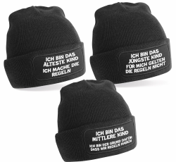 Generisch 3er Set Schwarze One Size Beanie, Mütze mit Spruch: Das Jüngste, Das Mittlere, Das Älteste Kind - Regeln der Familie Angebot bei HelloDeals