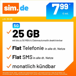 sim.de Handytarif z.B. Allnet Flat 25 GB – (Flat Internet 5G 25 GB, Flat Telefonie, Flat SMS und Flat EU-Ausland, 7,99 Euro/Monat, monatlich kündbar) oder andere Tarife 25 GB /7,99 EUR mtl Angebot bei HelloDeals