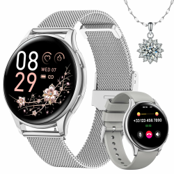 Sanorum Smartwatch Damen mit Telefonfunktion, Rund 1,27" HD Screen Armbanduhr mit 120+ Sport Pulsuhr SpO2 Schlafmonitor Menstruationszyklus IP68 Fitness Tracker Schrittzähler für iOS Android Silber Angebot bei HelloDeals