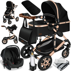 KESSER® Loops 3 in 1 Kinderwagen Kombikinderwagen Komplett-Set inkl. Babywanne & Buggy Sportsitz & Auto-Babyschale Voll-Gummireifen Wickeltasche Regenschutz Kindertisch ECE R129, Schwarz/Champagne Angebot bei HelloDeals
