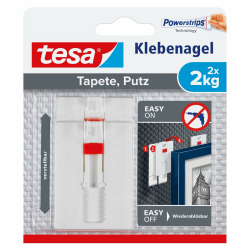 tesa Verstellbarer Klebenagel für Tapeten und Putz 2 kg - Höhenverstellbarer, selbstklebender Wandnagel - Bis zu 2 kg Halteleistung pro Nagel - 2-er Pack Angebot bei HelloDeals