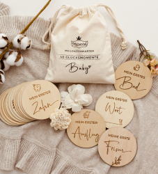 Prinzental® Meilensteinkarten Baby aus Holz | 40 Meilensteine auf edlen Holzscheiben | Mit Blanko Karte und Stoffbeutel | Geschenk zur Schwangerschaft | Zeitloses Design & Premium Qualität Angebot bei HelloDeals