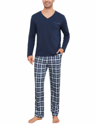 Bresdk Schlafanzug Herren Lang Pyjama Herren Baumwolle Winter Zweiteiliges Set Langarm Shirt Lange Karierte Pyjamahose Nightwear Set Nachtwäsche Männer M Blau Angebot bei HelloDeals