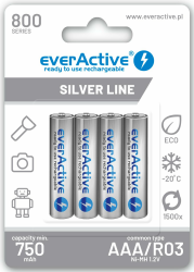 everActive Akku AAA 800 mAh 4 Stück, NI-MH, Micro R03, wiederaufladbar, vorgeladen, Silver Line 1.2V, 1 Blisterkarte EVHRL03-800, Silber Angebot bei HelloDeals