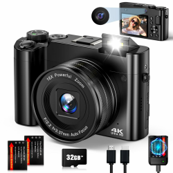 Digitalkamera 4K Fotokamera Autofocus Digitalkamera mit Dual-Kameras, 16X Zoom, Anti-Shake, 64MP Kompaktkamera mit 32GB Karte, 2 Akkus, Blitz für Jugendliche, Einsteige (Schwarz) Angebot bei HelloDeals