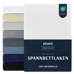 Dreamzie Premium Spannbettlaken 140x200 cm, Spannbetttuch für Dicke Matratzen bis zu 22 cm, Bettlaken 100% Jersey Baumwolle, 150 g/m², Oeko-TEX Zertifiziert - Weiß Angebot bei HelloDeals