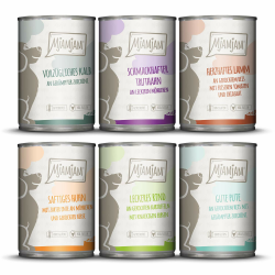 MjAMjAM - Premium Nassfutter für Hunde - Mixpaket II - mit Huhn & Ente, Rind, Pute, Kalb, Truthahn, Lamm, 6er Pack (6 x 400 g), naturbelassen mit extra viel Fleisch Angebot bei HelloDeals