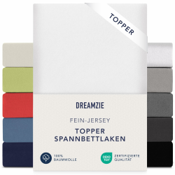 Dreamzie Premium Topper Spannbettlaken 180x200 cm - 200x200 cm - extra niedriger Seitenhöhe - für Topper - Topperauflage - Spannbetttuch Jersey Baumwolle, 150 g/m² - Oeko-TEX - Weiß Angebot bei HelloDeals