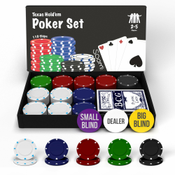 Soom Games Poker Set - Enthält Pokerspiel 110 Chips Perfekt für 2-5 Spieler, Poker Chips Set, Spielkarten, Dealer Button, Big Blind Button und Small Blind Button, Kompaktes Pokerset Texas Hold'em Angebot bei HelloDeals