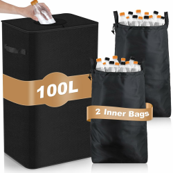 DIDAINT Pfandflaschen Sammelbehälter, 100 L Flaschensammler Leergut mit Deckel & 2 Tragetasche, Pfandflaschen Behälter Pfandbehälter mit Loch, Schwarz Angebot bei HelloDeals
