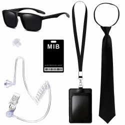 Horolam 6PCS Agent Kostüm Zubehör, Geheimdienst Kostüm Set Spion Kostüm Zubehör mit schwarzer Sonnenbrille Zip Krawatte Hörer ID Karte und Kartenhalter für Männer Frauen Kinder Angebot bei HelloDeals