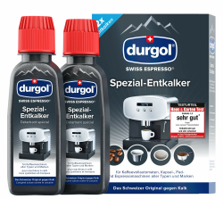 durgol swiss espresso Spezial-Entkalker – Kalkentferner für Kaffeemaschinen aller Typen und Arten – Einfache Reinigung ohne Einwirkzeit & Rückstände – Deutsche Version – 2x125ml Angebot bei HelloDeals