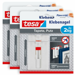 tesa Verstellbarer Klebenagel für Tapeten und Putz 2 kg im 3er Pack - Höhenverstellbarer, selbstklebender Wandnagel - Bis zu 2 kg Halteleistung pro Nagel - 3 x 2 Klebenägel Angebot bei HelloDeals