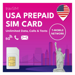 travSIM USA SIM Karte | T-Mobile Netz | Unbegrenzte Daten, Anrufe & Texte in den USA | SIM Karte USA funktioniert auf iOS & Android Geräten | SIM USA 14 Tage Angebot bei HelloDeals