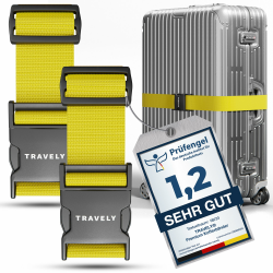 Travely® Premium Koffergurt - Besonders Auffällig & Sicher - Inkl. 2 Namensschildern - Gepäckband ideal über Kreuz - [2er Set] - Gelb Gelb 2 Bänder Angebot bei HelloDeals