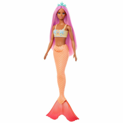 Barbie Meerjungfrau-Puppe mit fantasievollem Haar in Pink mit Haarband, Puppe mit Seestern-Oberteil und weicher orangefarbener Schwanzflosse, HRR05 Angebot bei HelloDeals