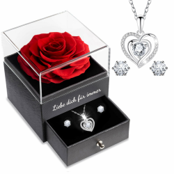 Sunia Ewige Echte Rose mit Herz Halskette und Ohrringe aus 925 Sterlingsilber, Handgemachte Ewige Rose Geschenke für Frauen Mama Oma,Konservierte Rose geben Valentinstag Muttertag,Ewige Rose mit Kette Angebot bei HelloDeals