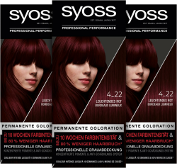 Syoss Color Coloration 4_22 Leuchtendes Rot Stufe 3 (3 x 115 ml), permanente Haarfarbe für bis zu 10 Wochen Farbintensität und 70% weniger Haarbruch* Leuchtendes Rotviolett 115 ml (3er Pack) Angebot bei HelloDeals