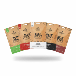 Grizzly Foods • Beef Jerky Probierpaket mit 5 Sorten (5 x 50g) • Trockenfleisch von deutschen Rindern • High Protein Snack • Ideal für Unterwegs, Büro, Sport Angebot bei HelloDeals