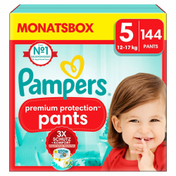 Pampers Baby Windeln Pants Größe 5 (12-17kg) Premium Protection, Junior mit Stop- und Schutz Täschchen, MONATSBOX, 144 Höschenwindeln Angebot bei HelloDeals