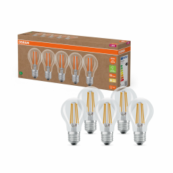 Osram Hocheffiziente LED Lampen mit Energieeffizienz Klasse A, Vorteilspack mit 5 Leuchtmittel, ersetzt herkömmliche 60W Glühbirnen, warmweiß(2700K), E27, Filament Glas, Klar Angebot bei HelloDeals