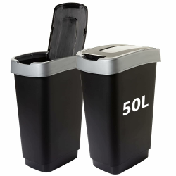 SUSTANIA Duo Mülleimer Küche 2 Fächer 50L - Geruchsdicht Doppel Abfalleimer mit Schwingdeckel 2x50 Liter Groß, 60x45x34 cm, Robust Recycelbarer Kunststoff, Schwarz/Silber, Made in EU Angebot bei HelloDeals