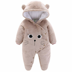 JiAmy Baby-Overall Baby-Strampler Flanell Winter-Strampelanzug mit Füßchen Kapuze Cartoon,Khaki 0-3 Monate Angebot bei HelloDeals