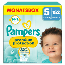 Pampers Baby Windeln Größe 5, Premium Protection, Windeln x152, 11kg-16kg, Doppelter Schutz für Hautkomfort & gegen Auslaufen Angebot bei HelloDeals